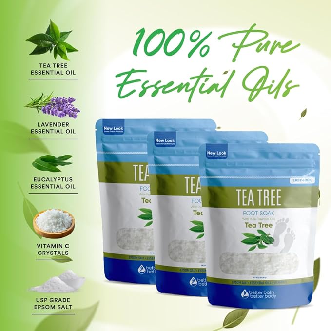 Tea Tree Foot Soak (3-Pack) Epsom Salt with Natural Tea Tree, Lavender and Eucalyptus Essential Oils Plus Vitamin C in BPA Free Pouch 6-Lbs Total