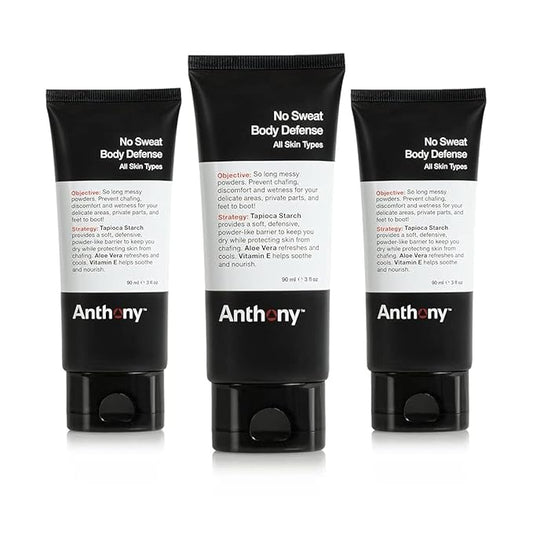Anthony No Sweat Body Defense Deodorant for Men, Anti-Chafing & Anti-Itch Cream-to-Powder Lotion for Groin, Thighs & Underarms, Talc-Free, Absorbs Moisture, Sweat & Odor Control, 3 fl oz (Pack of 3)