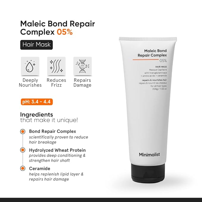 Minimalist Hair Mask for Damaged Hair & Frizzy Hair | Post Shampoo | Maleic Bond Repair Complex 5% | Transglutaminase, Amino Acids & Ceramides | For Women & Men | 7.05 Oz/200 gm