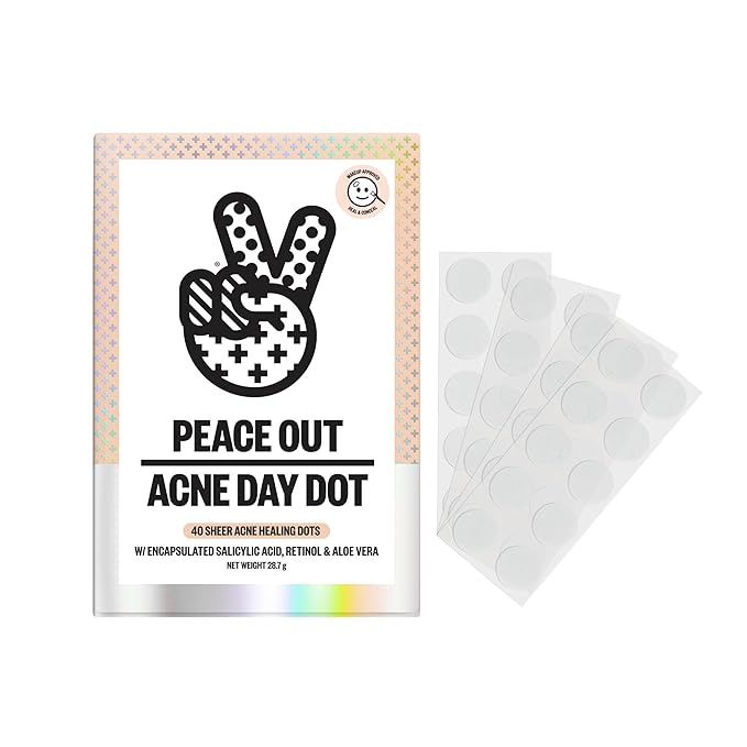 PEACE OUT Acne Day Dot Sheer Hydrocolloid Pimple Patches, Invisible Acne Spot Patches with Encapsulated Salicylic Acid, Retinol, and Aloe Vera, 40 Dots