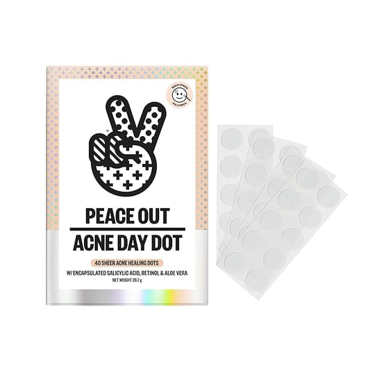 PEACE OUT Acne Day Dot Sheer Hydrocolloid Pimple Patches, Invisible Acne Spot Patches with Encapsulated Salicylic Acid, Retinol, and Aloe Vera, 40 Dots