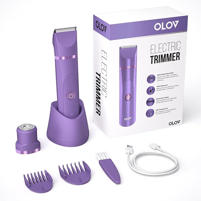 OLOV Electric Body Hair Trimmer - Groin Trimmer for Men - Bikini Trimmer Women - Wet/Dry Shaver Groomer, Replaceable Ceramic Blade Heads, USB Recharge Dock, Waterproof Hygiene Razor, Bright Purple