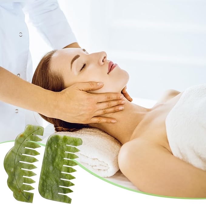 Geiserailie 2 Pcs Jade Combs Esthetician Supplies Massage Stone Hair Gua Sha Scraping Scalp Comb Facial Massage Tool Handheld Head Tools Head Caring Therapy Valentines for Women(Stylish Style)