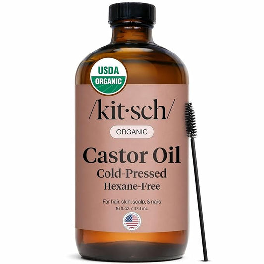 Kitsch Organic Castor Oil for Hair Growth - 100% Pure Castor Oil, Organic Cold Pressed Unrefined Glass Bottle for Face, Skin, Lashes, Brows, Scalp, Nails & Belly Button | Ideal Gifts for Women- 16 oz