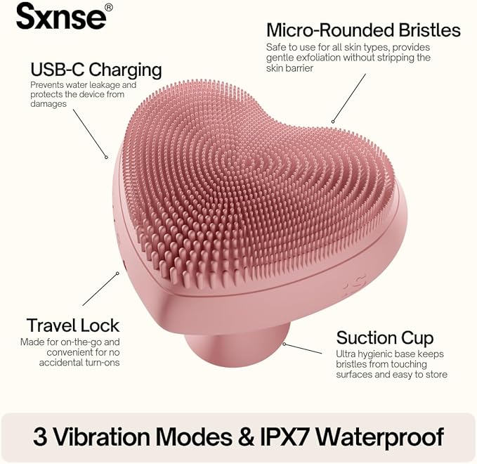 Heart Face Clean Pro⁺ - Electric Silicone Facial Scrubber for Acne with 7000+ Sonic Pulses - IPX7 Waterproof Rechargeable Exfoliator with Slip-Free Grip, 3 Speed Settings & Phthalate-Free - Rose