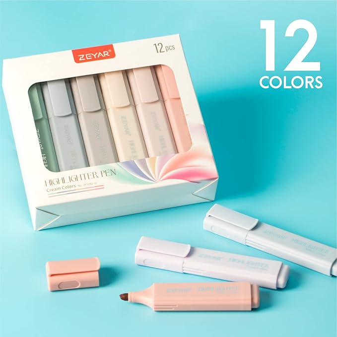 ZEYAR Highlighter Pen, Cream Colors Chisel Tip, Aesthetic Highlighter Marker, Water Based, Quick Dry, No Bleed, for Bible Study Notes School Office (12 Cream Colors)