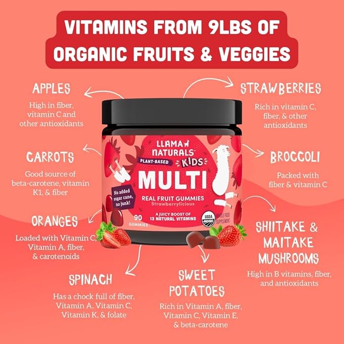 Llama Naturals Kids Multivitamin Gummies | Real Fruit, No Added Sugar Cane | Organic Vegan Toddler Whole Food Vitamins | Vitamin D, C & Beta Carotene Gummy Supplement | Strawberry 180 Ct (2-3 Months)