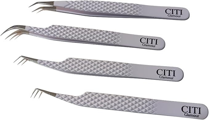 Lash Tweezers For Eyelash Extension set of 4 with Diamond Grip and Precise Fiber Tip For Volume,Mega Volume And Classic Lashes,Ideal for Lash Artist and at home use