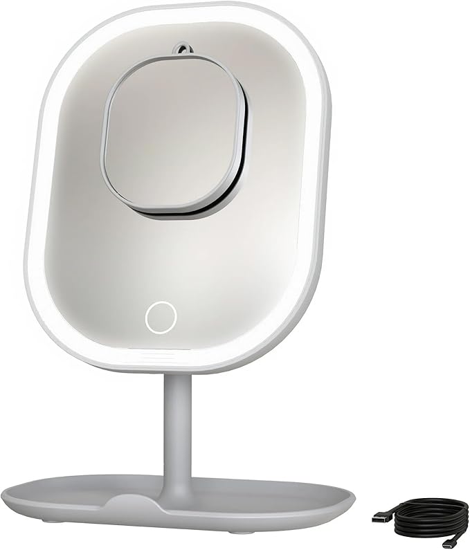 Rechargeable LED Makeup Mirror with Lights, 5X Magnifying & Storage Tray | Touch Control Vanity Mirror for Desk, Compact Makeup Mirror with Adjustable Brightness