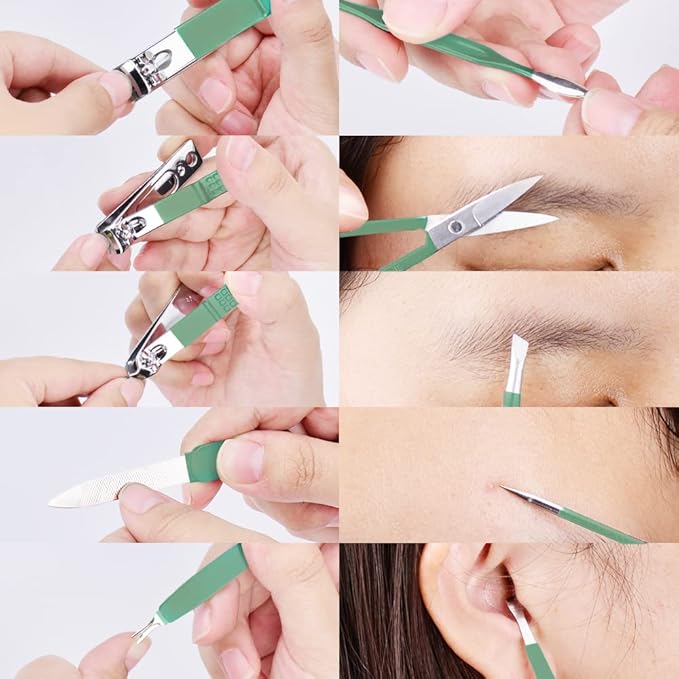 Manicure Set 10 in 1 Stainless Steel, Nail Clippers Scissors Pedicure Tools Kit - Portable Travel Grooming Kit for Men and Women with Leather Case (Jade Green)