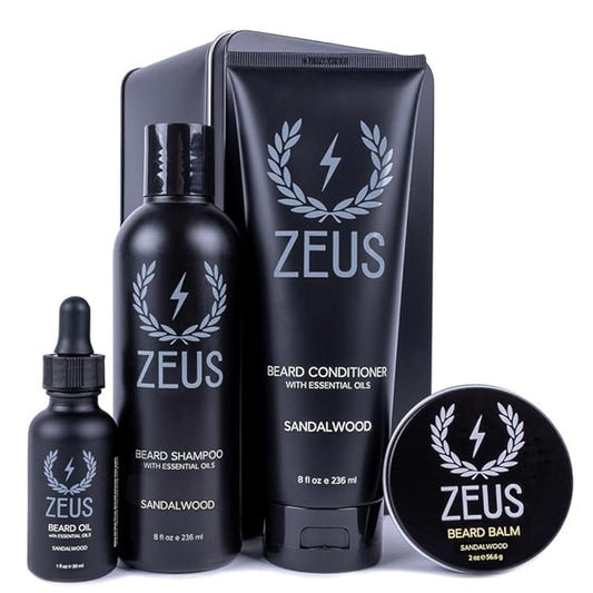 ZEUS Everyday Beard Kit for Men, Facial Hair Shampoo, Conditioner, Oil, Balm & Tin Gift Box, Premium Beard Care & Grooming Set (Made in USA) Sandalwood