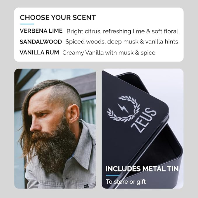 ZEUS Everyday Beard Kit for Men, Facial Hair Shampoo, Conditioner, Oil, Balm & Tin Gift Box, Premium Beard Care & Grooming Set (Made in USA) Vanilla Rum