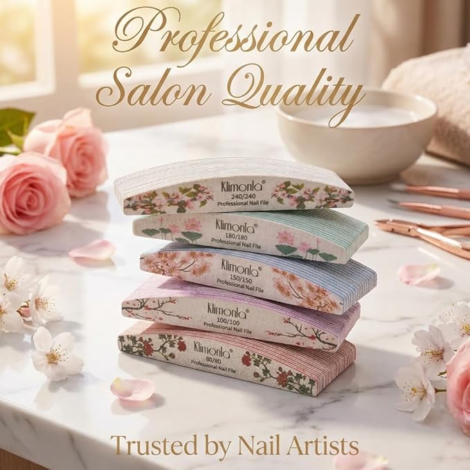 50PCS Floral Professional Nail Files 80/100/150/180/240 Grit, Emery Boards Nail Files for Natural Nails and Acrylic Nails, Double Sided Emory Boards limas para unas acrilicas Reusable Manicure Tools