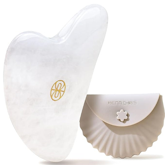 Rena Chris Gua Sha Facial Tools, Ergonomic White Jade Stone Guasha Tool for Face Massage, Manual Facial Massager Tool for Jawline Sculpting and Puffiness Reduction with Silicone Case (White)