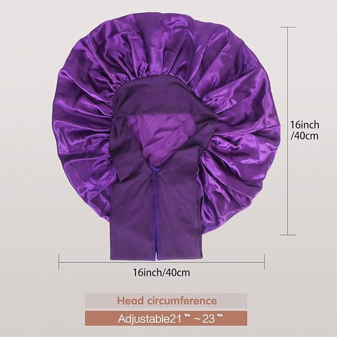 Arqumi Pack of 2 Satin Sleeping Bonnet, Large Sleep Cap with Long Strap, Reduce-Friction Prevent-Frizz Curly Hair, Adjustable Hair Bonnet for Women & Men, Purple+Red