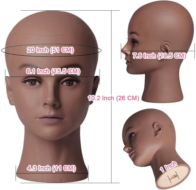Bald Female Mannequin Head with Eyelash Training Head Wig Head Professional Cosmetology for Wig Making and Display Hat Helmet Glasses or Masks Display Head Model with Free T-Pins (Dark Brown)