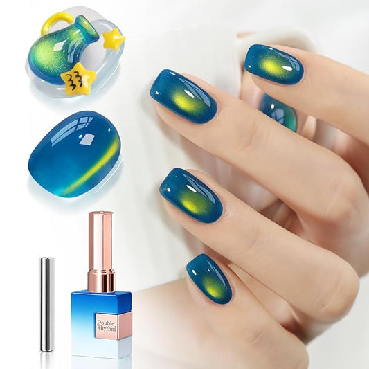 Double Rhythm Jelly Glass Cat Eye Gel Polish with Magnet 15ML Holographic Glitter Shimmer Translucent Sheer Color Magnetic Nail Polish Salon DIY at Home (Golden Blue-MC1255)