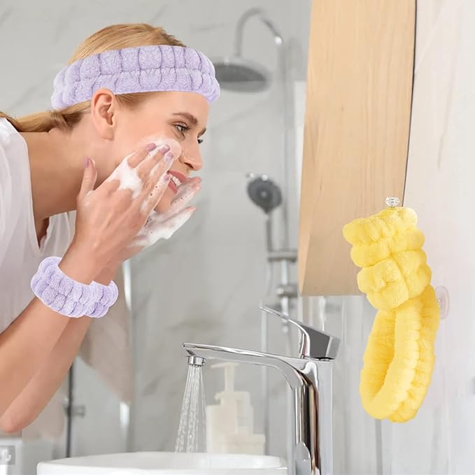 Face Wash Headband and Wristband Set of 2, Purple and Yellow, Microfiber, One Size, with Holder for Washing Face, Absorbent Spa Wristbands