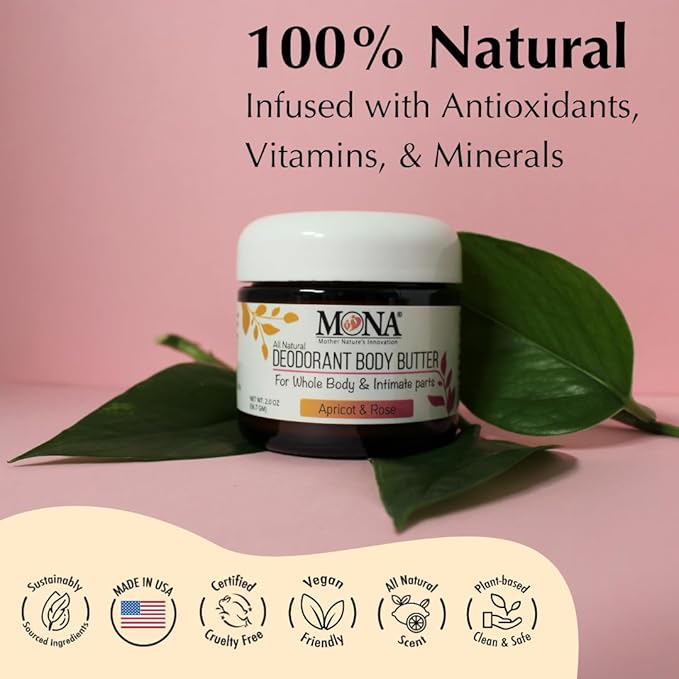MONA All Natural Deodorant for Whole Body & Intimate Parts | Deodorant Cream for Women, Men & Teens | No Aluminum, Baking Soda or Synthetic Fragrance | (Apricot & Rose, 2.0 Oz (Pack of 1))