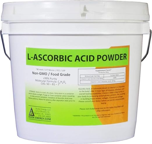 Duda Energy asc8p Pail of L-Ascorbic Acid Powder 99+% Food Grade USP36/BP2012 Naturally Fermented Pure White Crystals Form of Vitamin C, 8 lb.