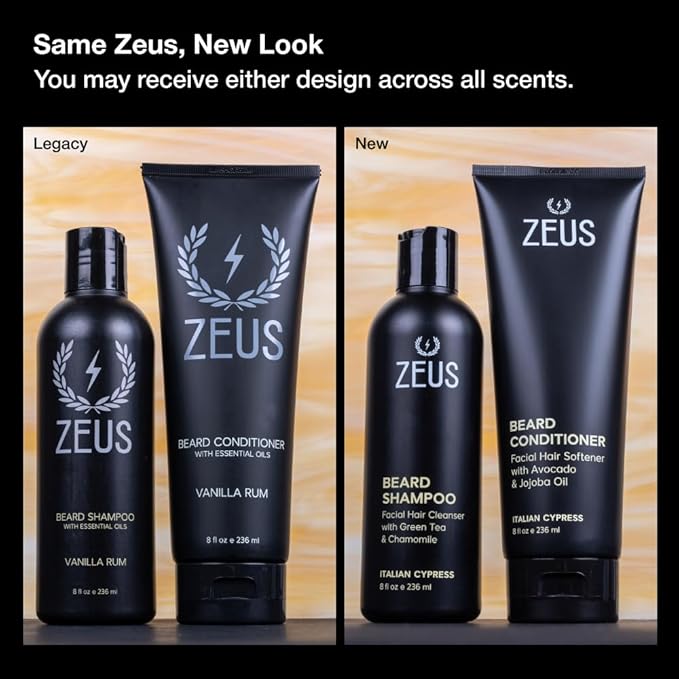 ZEUS Beard Wash Set for Men, Shampoo & Conditioner Duo with Green Tea & Essential Oils, Hydrates, Softens & Strengthens Beard Hair (Made in USA) Sandalwood