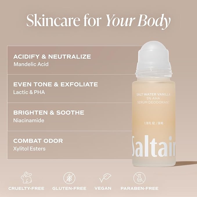 Saltair Serum Deodorant Salt Water Vanilla 2 Pack. 5% AHA Formula. Lactic Acid and Mandelic Acid Deodorant. Aluminum Free Odor Control for Women and Men. Travel Essentials, 2x 1.7oz Roll On
