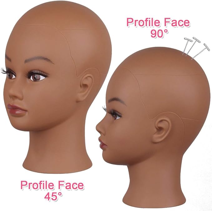 Bald Mannequin Head with Eyelash Female Wig Head Professional Cosmetology for Wig Making and Display Hat Helmet Glasses or Masks Display Head Model with Free T-Pins (Dark Brown)
