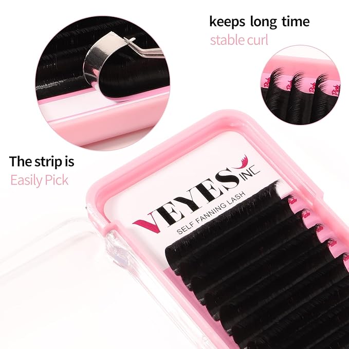 VEYES INC Easy Fan Volume Lash Extensions 03 05 07 J/B/L/C/CC/D/DD Curl 8-25mm Mixed & Single Length Tray, Matte Black Self Fanning Eyelashes, Professional Supplies for Lash Techs (0.05 C 11mm)