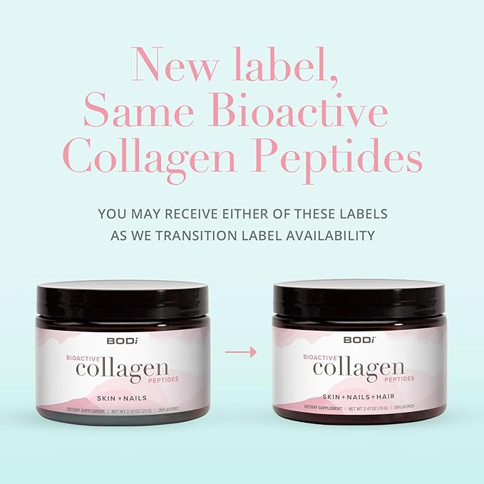 BODi Bioactive Collagen Peptides Powder, Collagen Type I & III for Skin, Hair and Nail Health, Gluten-Free Supplement for Women - Hydrolyzed Collagen, Unflavored, 2.47 oz, 28 Servings