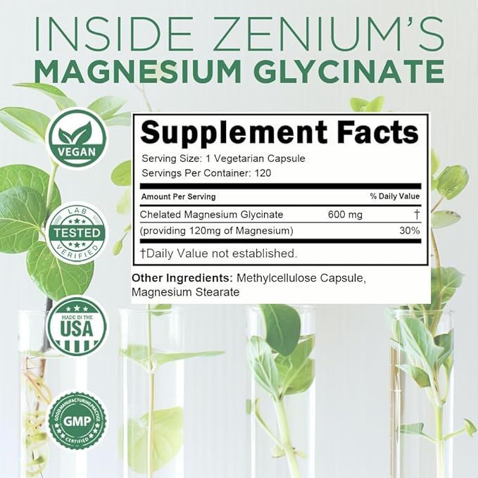 Zenium - Magnesium Glycinate for Sleep, Chelated, 600mg per Serving, 120 Capsules | High Absorption | Relieve Stress, Tension, Worry & Irritability | Calm Mind & Body | Ayurvedic | Natural Supplement