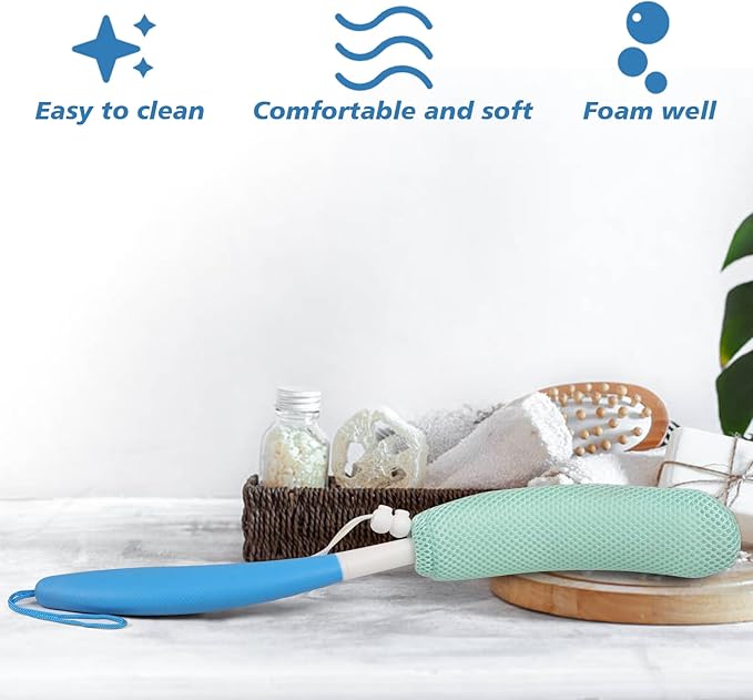 Back Scrubber for Shower，Mesh Sponge Body Shower Brush with Long Handle for Use in Shower Back Scrubber,Back Scrub for Exfoliating Body Scrubber or Shower Brush (Green and Green)