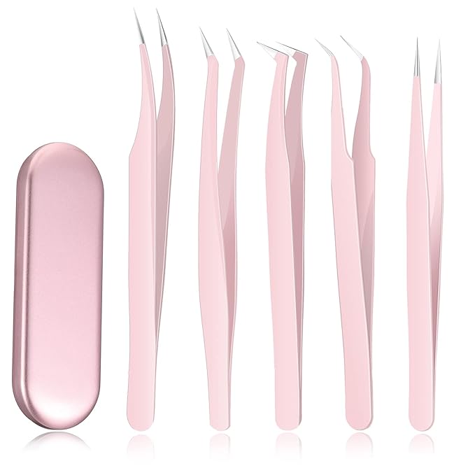Chumia 5 Pcs Lash Tweezers for Eyelash Extensions High Precision Volume Pink Eyelash Tweezers Stainless Steel Curved Pointed Lash Tool with Box for Women Makeup Beauty Accessories Beginners