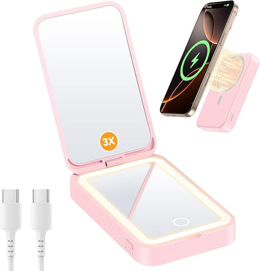 Gospire 2-in-1 Travel Mirror with Light and 3000mAh Magnetic Power Bank for iPhone 16/15/14/13/12 Series Only, Compact Mirror for Purses, 3 Color Lights and 3X/1X Magnification - Pink