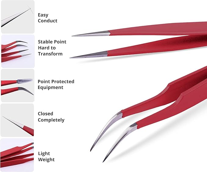 SIVOTE Eyelash Extension Tweezers for Classic & Volume Lashes, 2-Pack, Red