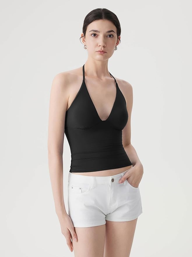 SUUKSESS Women Double Lined Halter Tank Top Summer Padded Going Out Tops Sleeveless Basic Shirts