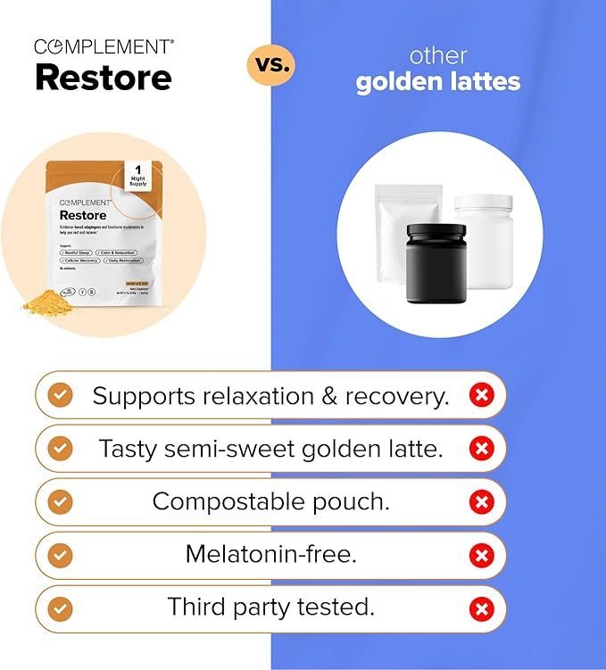 Complement Restore Golden Latte - Calm Magnesium Powder, Deep Sleep Aid Drink - Reishi, Ashwagandha, Valerian & L-Theanine - Nighttime Recovery, Relaxation Adaptogens Mix - No Melatonin (1 Serving)
