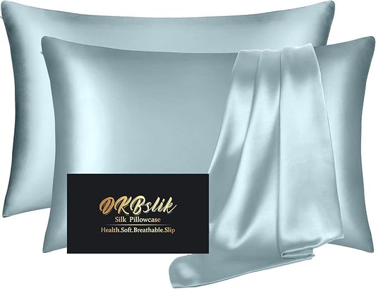 Silk Pillow Cases 2 Pack, Mulberry Silk Pillowcases Standard Set of 2, Smooth, Anti Acne, Beauty Sleep, Both Sides Natural Silk Satin Pillow Cases for Women 2 Pack with Zipper for Gift, Aqua Blue