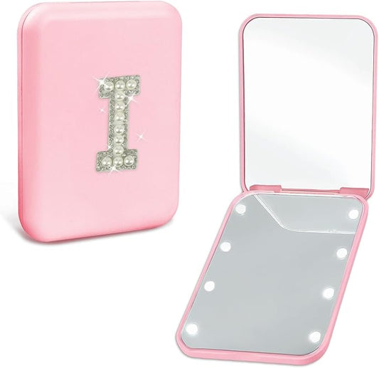 Personalized Pocket Mirror with Lights Travel Accessories Cute Pink 2-Sided LED Makeup Mirror with Magnification, Preppy Pearl Initial Small Portable Folding Compact Mirror for Purse (I)
