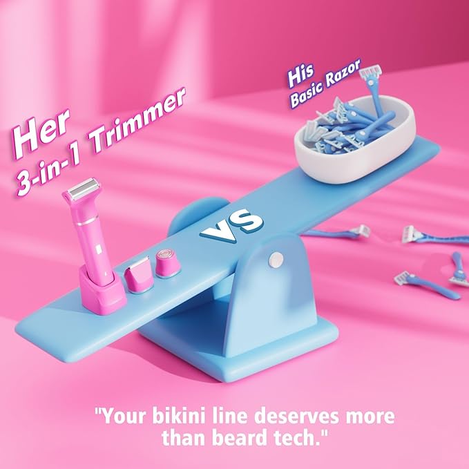 Bikini Trimmer for Women - IPX7 Waterproof Pubic Hair Remover for Shower & Travel, 3-in-1 Bikini Trimmer with Body/Round/Curved Heads, Hypoallergenic Foil & Ceramic Blades, Self-Care Gifts for Her