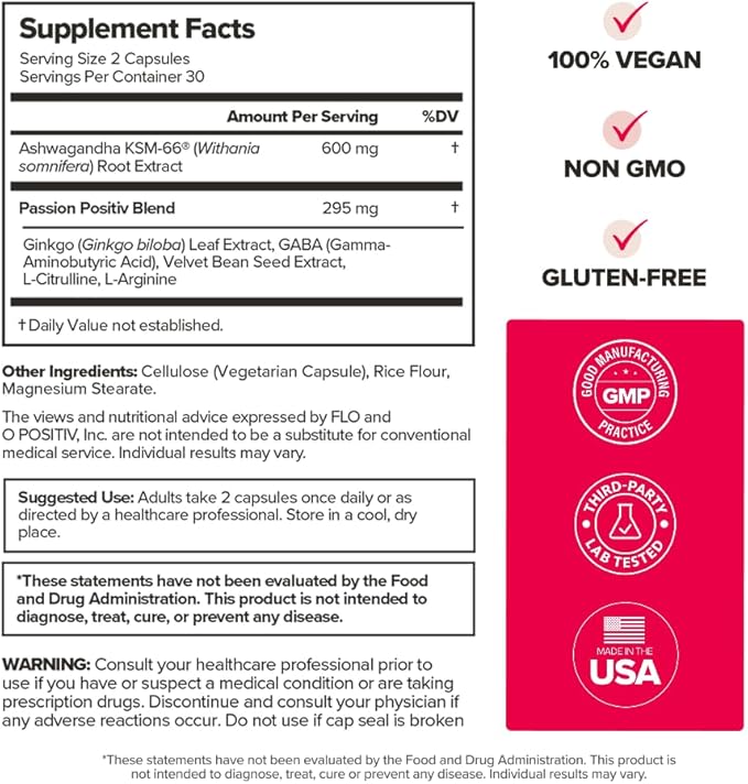 O Positiv URO Vaginal Moisture & Mood – Formulated to Support Vaginal Moisture, Mood & Relaxation – with KSM-66® Ashwagandha, Ginkgo Biloba, Mucuna pruriens, and GABA – 30 Servings