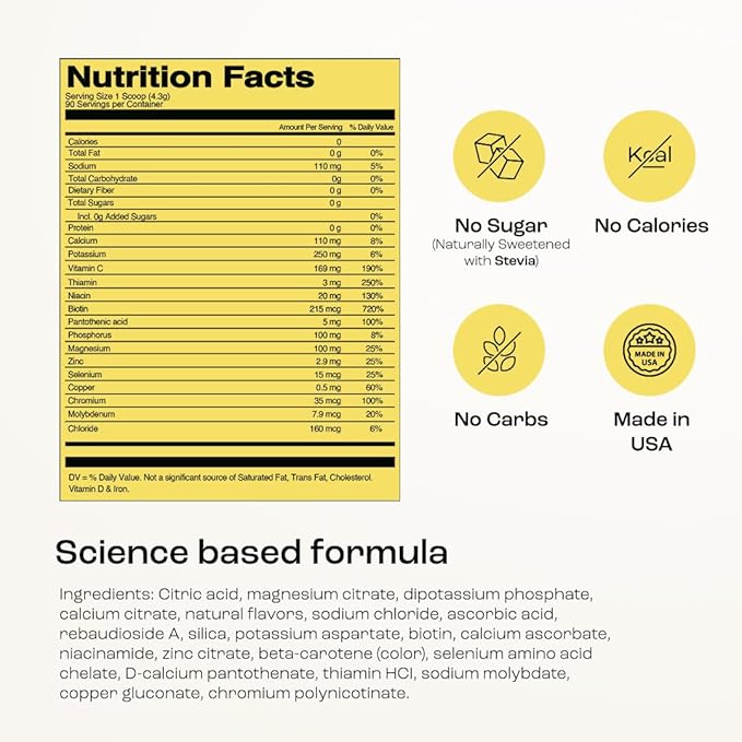 KEY NUTRIENTS Multivitamin Electrolytes Powder No Sugar - Refreshing Lemonade Electrolyte Powder - Sodium & Energy Supplement - Hydration Powder - No Calories - 90 Servings - Made in USA