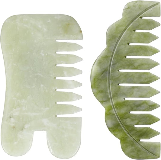 Geiserailie 2 Pcs Jade Combs Esthetician Supplies Massage Stone Hair Gua Sha Scraping Scalp Comb Facial Massage Tool Handheld Head Tools Head Caring Therapy Valentines for Women(Chic Style)