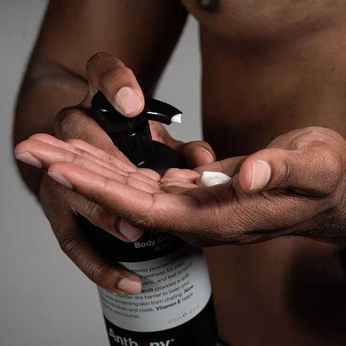 Anthony No Sweat Body Defense Deodorant for Men, Anti-Chafing & Anti-Itch Cream-to-Powder Lotion for Groin, Thighs & Underarms, Talc-Free, Absorbs Moisture, Sweat & Odor Control, 16 fl oz