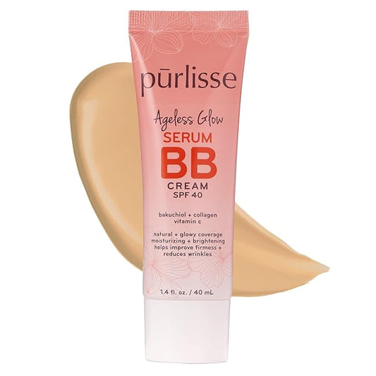pūrlisse Ageless Glow Serum BB Cream SPF 40 - Glow BB Cream with SPF Enriched with Bakuchiol & Vitamin C to Help Improve Firmness & Reduce Wrinkles for Dewy Skin - Light Medium (1.4 oz)