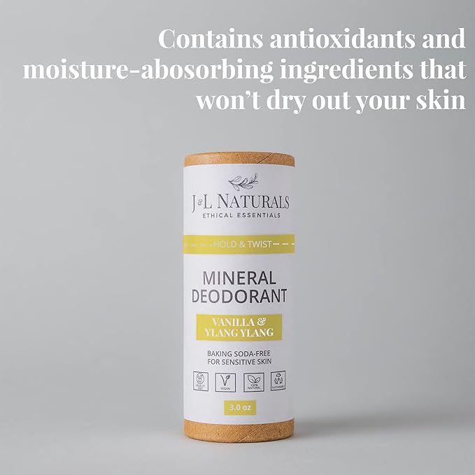 J&L Naturals Mineral Deodorant | Baking Soda-Free, 100% Natural, Sustainable | Sensitive Deodorant For Women & Men | Aluminum Free, Vegan, Cruelty-Free (Vanilla & Ylang Ylang, 3 Oz (Pack of 1))