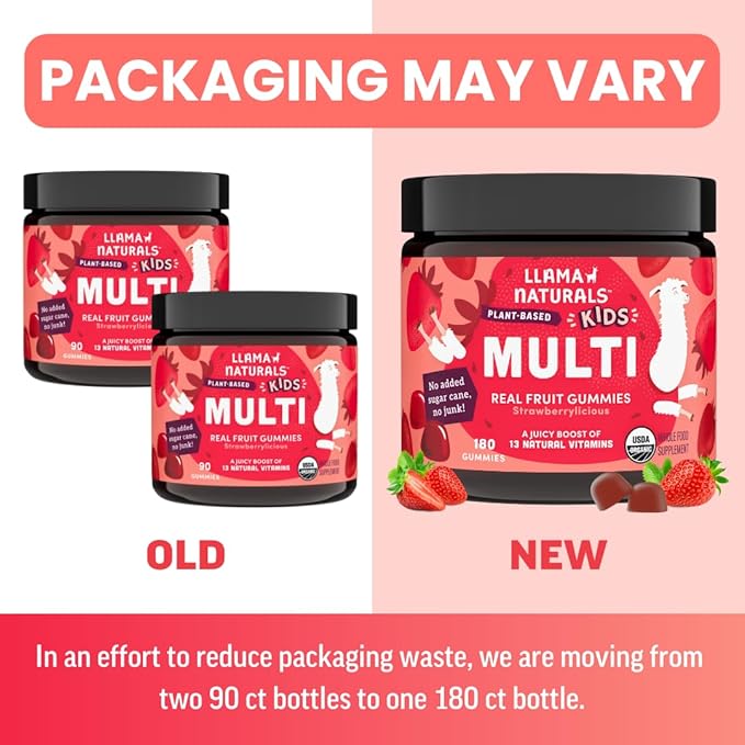 Llama Naturals Kids Multivitamin Gummies | Real Fruit, No Added Sugar Cane | Organic Vegan Toddler Whole Food Vitamins | Vitamin D, C & Beta Carotene Gummy Supplement | Strawberry 180 Ct (2-3 Months)