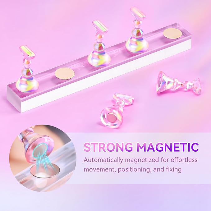 Makartt Press on Nails Stand: Clear and Pink Nail Holder for Painting Nails, Stands for Art Display Practice, Magnetic Clear Glitter Flower Fake Holders with Reusable Adhesive Putty for Home Salon DIY