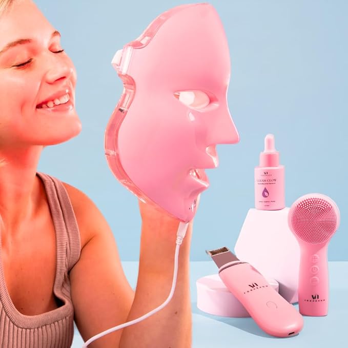 LED Face Mask Light Therapy Premium Valentines Gift Spa Kit (4 Pcs) - With Ultrasonic Scrubber, Sonic Brush & Green Tea Serum - 7 Colors (Blue & Red) - Valentine Gifts for Women, Galentines Day Gifts