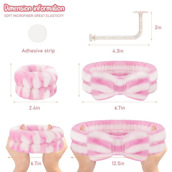 Face Wash Headband and Wristband Set - Microfiber Wristbands with Holder for Face Washing, Spa, Absorbent Wrist Scrunchies