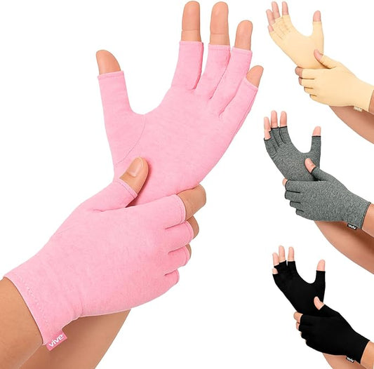 Vive Pink Arthritis Hand Compression Gloves - Comfortable Fit for Men and Women - Open Finger for Rheumatoid, Osteoarthritis and Computer Typing Pain - Carpal Tunnel Support - Moisture Wicking Fabric